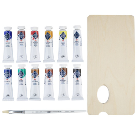 Набор художественных масляных красок "Мастер Класс" 12 цветов по 18 мл в пенале из синего дерева с кистью и палитрой - Масляные краски художественные в наборах