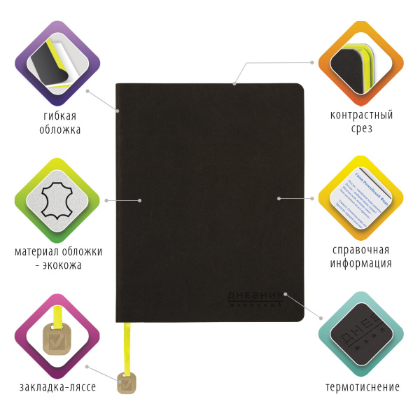 Дневник 1-11 класс 48 л., кожзам (гибкая), термотиснение, BRAUBERG "ORIGINAL", черный, 105967 - Дневники универсальные