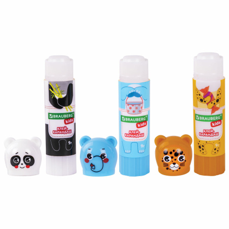 Клей-карандаш "Зверята: панда, слон, леопард", 9 г, фигурный колпачок, BRAUBERG KIDS, 271139 - Клей-карандаш