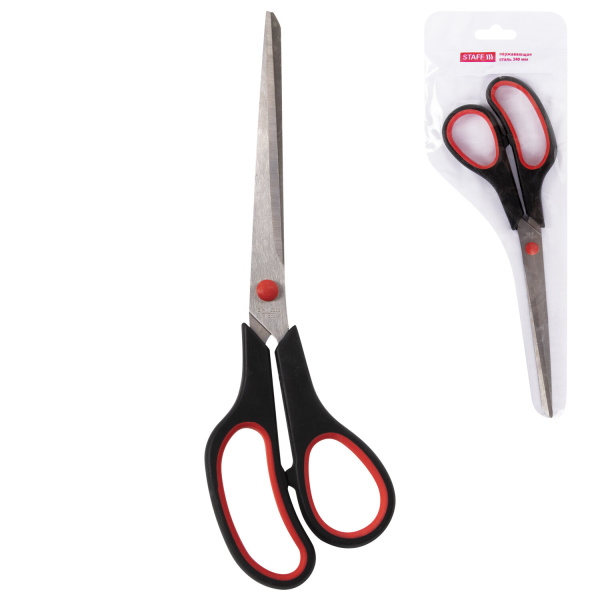 Ножницы STAFF EVERYDAY, 235 мм, бюджет, резиновые вставки, черно-красные, ПВХ чехол, 237501 - Ножницы универсальные
