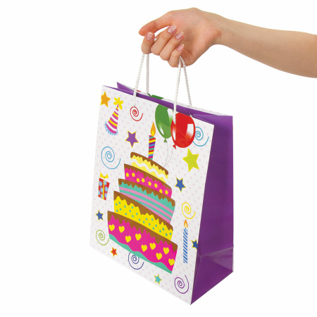 Пакеты подарочные 26x12,7x32,4 см, ЗОЛОТАЯ СКАЗКА "Именинный торт", ламинированные, 10 штук - Подарочные пакеты