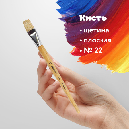 Кисть ПИФАГОР, ЩЕТИНА, плоская, № 22, деревянная лакированная ручка, пакет с подвесом, 200880 - Кисти для рисования