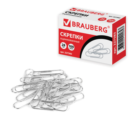 Скрепки BRAUBERG, 28 мм, оцинкованные, 100 шт., в картонной коробке, 227583 - Скрепки канцелярские