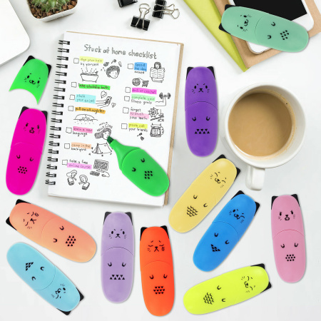 Набор текстовыделителей мини 12 ЦВЕТОВ BRAUBERG KIDS "CUTE CATS", линия 1-5 мм, 152437 - Текстовыделители