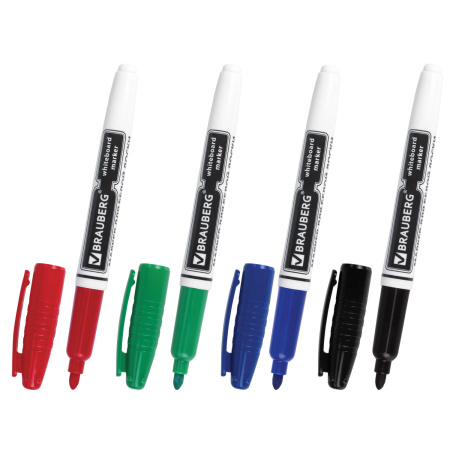 Маркеры стираемые для белой доски НАБОР 4 ЦВЕТА, BRAUBERG, 4 мм, эргономичный корпус, 150850 - Маркеры для досок