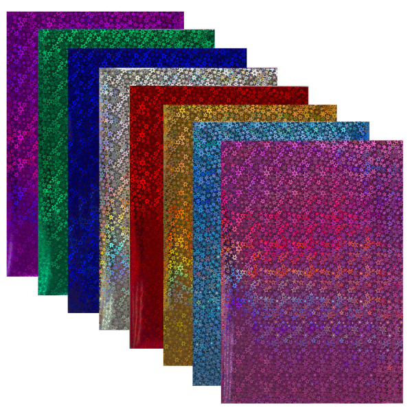 Цветная бумага, А4, ГОЛОГРАФИЧЕСКАЯ САМОКЛЕЯЩАЯСЯ, 8 листов 8 цветов, "ЗВЕЗДОЧКИ", ОСТРОВ СОКРОВИЩ, 129286 - Цветная бумага