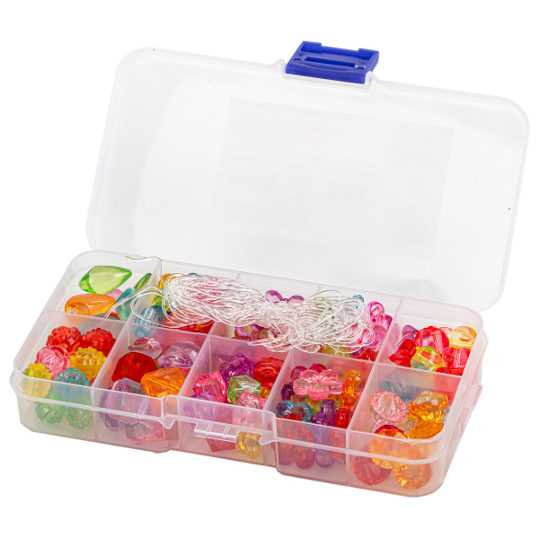 Набор BEADS SET для творчества, рукоделия и создания украшений, 200 бусин, 10 видов, прозрачные, нить, BRAUBERG KIDS, 664694 - Наборы для изготовления бижутерии