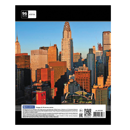 Тетрадь А5, 96 л., BRAUBERG, скоба, клетка, обложка картон, ГОРОДА, 401293 - Тетради более 60 листов