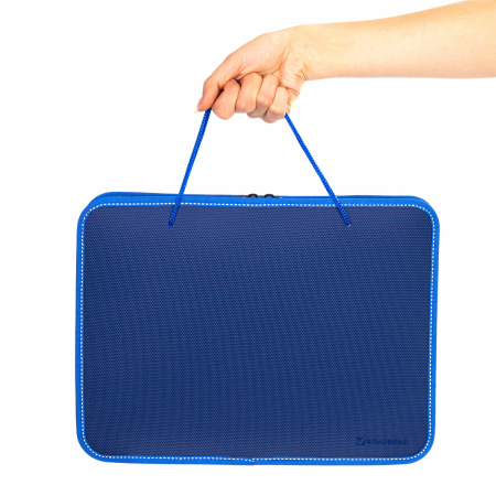 Папка на молнии пластиковая с ручками BRAUBERG, А4, 350х270х45 мм, фактура бисер, синяя, 225163 - Папки-сумки с ручками