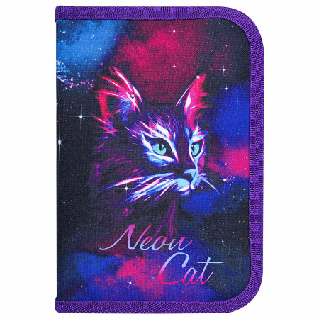 Пенал BRAUBERG с наполнением, 1 отделение, 1 откидная планка, 24 предмета, 21х14 см, "Neon cat", 271523 - Пеналы с наполнением