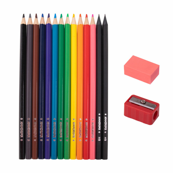 Карандаши цветные ЮНЛАНДИЯ "МОНСТРИК", НАБОР 12 цветов + 2 чернографитных карандаша + ластик + точилка, заточенные, шестигранные, 181690 - Карандаши цветные
