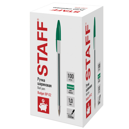 Ручка шариковая STAFF Basic Budget BP-02, письмо 500 м, ЗЕЛЕНАЯ, длина корпуса 13,5 см, линия письма 0,5 мм, 143761 - Ручки шариковые неавтоматические