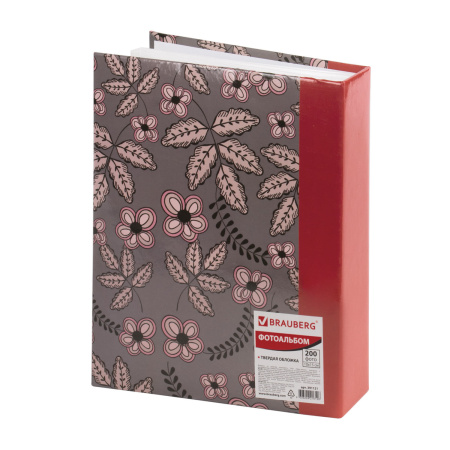 Фотоальбом BRAUBERG на 200 фото 10х15 см, твердая обложка, "Флора", серый с красным, 391121 - Фотоальбомы