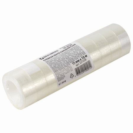 10 шт. клейкая лента 15 мм х 10 м канцелярская BRAUBERG, прозрачная, гарантированная длина, 227258 - Клейкие ленты канцелярские