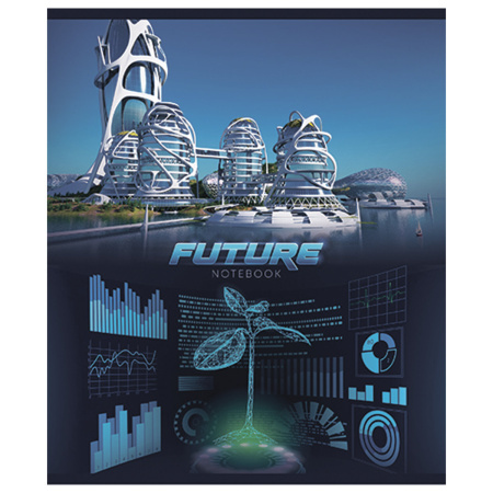 Тетрадь А5, 48 л., ПЗБМ, скоба, клетка, ламинация, фольга, выборочный лак, "Города будущего" (5 видов), 029623 - Тетради 40-48 листов