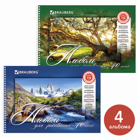 Альбомы для рисования А4 40 л., КОМПЛЕКТ 4 шт., гребень, обложка картон, BRAUBERG, 205х290 мм, "Природа" (2 вида), 880035 - Альбомы и папки для рисования