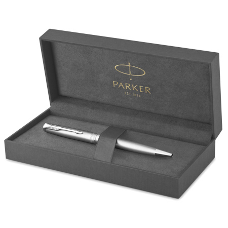 Ручка шариковая PARKER Sonnet Stainless Steel, корпус серебристый, детали нержавеющая сталь, черный, 2146876 - Ручки шариковые подарочные