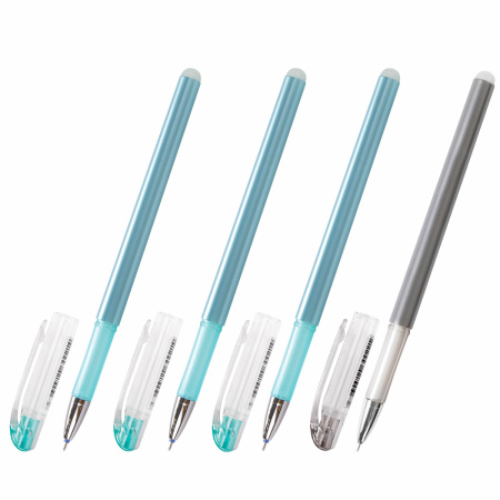 Ручки стираемые гелевые STAFF "College" EGP-664, НАБОР 4 штуки (3 СИНИХ, 1 ЧЕРНАЯ), игольчатый узел 0,5 мм, линия письма 0,38 мм, 143667 - Ручки со стираемыми чернилами