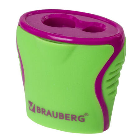 Точилка BRAUBERG "Mix Dual", 2 отверстия для чернографитных карандашей (в том числе утолщенных), с контейнером, корпус ассорти, 1 шт, 228449