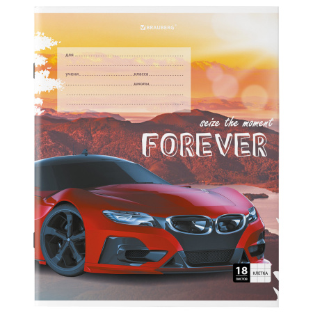 Тетрадь 18 л. BRAUBERG клетка, обложка картон, "SPORTS CAR", 106479 - Тетради 12-24 листов