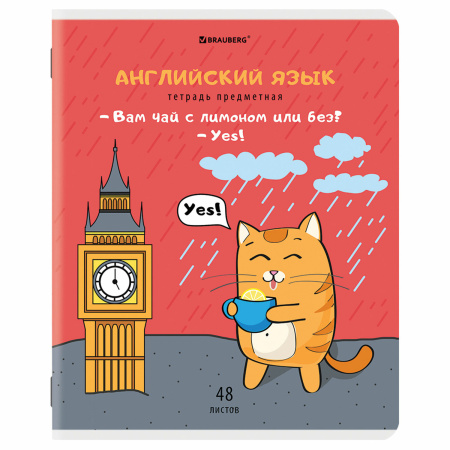 Тетрадь предметная "КОТ-ЭНТУЗИАСТ" 48 л., TWIN-лак, АНГЛИЙСКИЙ ЯЗЫК, клетка, подсказ, BRAUBERG, 404558 - Тетради предметные