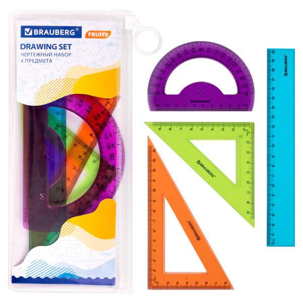 Набор чертежный средний BRAUBERG "FRUITY" (линейка 20 см, 2 треугольника, транспортир), ассорти, пенал, 210771 - Наборы чертежные