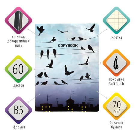 Тетрадь 60 л. в клетку обложка SoftTouch, бежевая бумага 70 г/м2, сшивка, В5 (179х250 мм), ТУМАН, BRAUBERG, 1403819 - Тетради более 60 листов