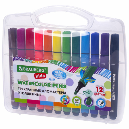 Фломастеры в пластиковом кейсе трехгранные утолщенные УЛЬТРАСМЫВАЕМЫЕ, BRAUBERG KIDS, 12 цветов, 152191 - Фломастеры классические