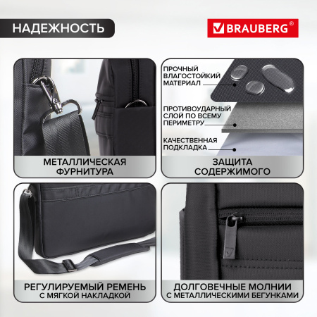 Сумка-портфель BRAUBERG с отделением для ноутбука 15-16", "Patrol", противоударная, черная, 41х29х6 см, 240504 - Сумки деловые с отделением для ноутбука и планшета