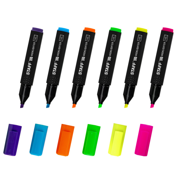 Набор текстовыделителей STAFF "Basic Budget HL-02N", 6 ЦВЕТОВ, НЕОН, линия письма 1-5 мм, 152296 - Текстовыделители