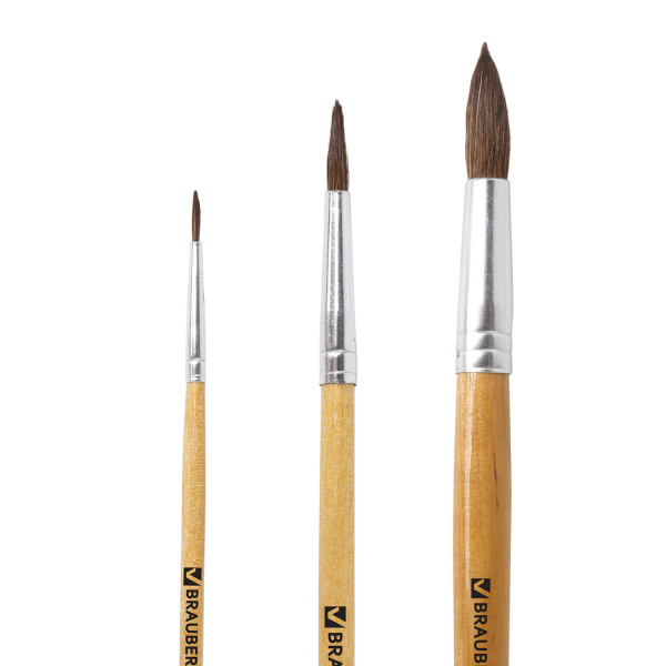 Кисти BRAUBERG, набор 3 шт. (пони, круглые № 2, 4, 7), блистер, 200220 - Кисти для рисования