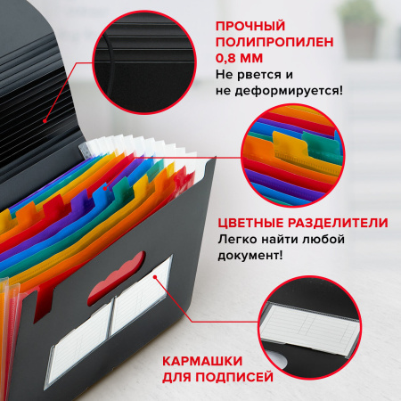Папка-органайзер для бумаг и документов на резинке, 13 отделений, BRAUBERG DOCS, А4, черная, 271152 - Папки пластиковые с отделениями