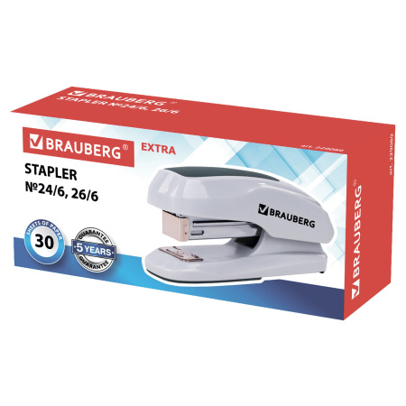 Степлер №24/6, 26/6 BRAUBERG "Extra", до 30 листов, серый, 229089 - Степлеры настольные