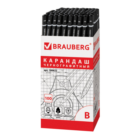 Карандаш чернографитный BRAUBERG, 1 шт., "Touch line", В, корпус черный, заточенный, 180622 - Карандаши чернографитные