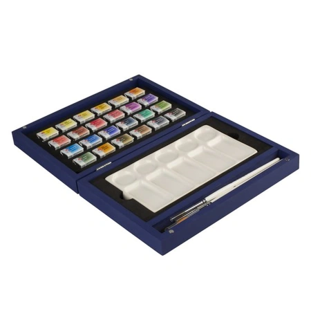 Набор акварельных художественных красок "Белые Ночи" 24 цвета в кюветах 2,5 мл с фарфоровой палитрой и кистями в синем деревянном пенале - Акварель художественная в наборах