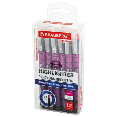 Текстовыделитель с прозрачным наконечником BRAUBERG "Clear", РОЗОВЫЙ, линия 1-5 мм, 152425 - Текстовыделители