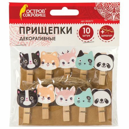 Прищепки декоративные "Забавные животные", 10 штук, 3,5 см, ассорти, со шпагатом, ОСТРОВ СОКРОВИЩ, 662672 - Прищепки для творчества