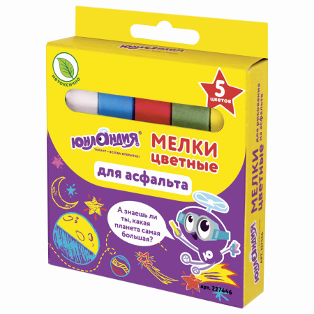 Мел цветной ЮНЛАНДИЯ "ЮНЛАНДИК И КОСМОС", НАБОР 5 шт., для рисования на асфальте, квадратный, 227446 - Мелки