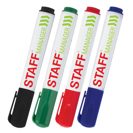 Маркеры стираемые для белой доски НАБОР 4 ЦВЕТА, STAFF "Manager" WBM-491, 5 мм, с клипом, 151495 - Маркеры для досок