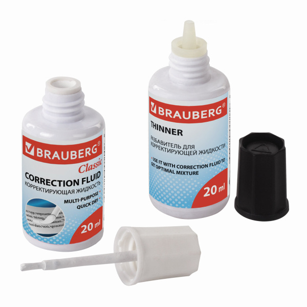 Корректирующий набор BRAUBERG, КОРРЕКТИРУЮЩАЯ ЖИДКОСТЬ + РАЗБАВИТЕЛЬ, 20+20 мл, 220454 - Корректирующие жидкости