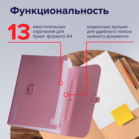 Папка-портфель пластиковая BRAUBERG А4 (327х254х30 мм), 13 отделений, розовая, 221441 - Портфели пластиковые