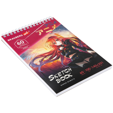 Скетчбук, белая бумага 100 г/м2, 140х201 мм, 60 л., гребень, жёсткая подложка, BRAUBERG ART, "Аниме", 115061 - Альбомы, скетчбуки и бумага для графики и эскизов