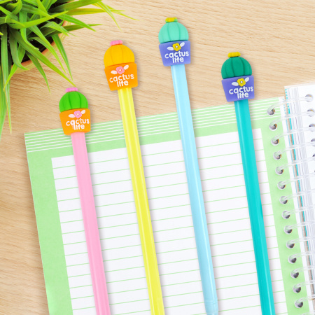 Ручка с топпером шариковая ЮНЛАНДИЯ "Кактус", корпус ассорти, СИНЯЯ, пишущий узел 0,7 мм, 143800 - Ручки фигурные