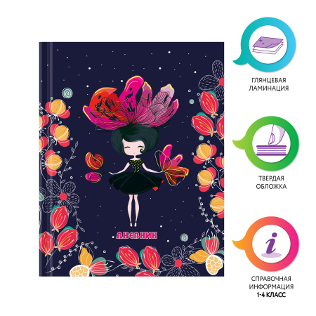 Дневник 1-4 класс 48 л., твердый, ЮНЛАНДИЯ, глянцевая ламинация, с подсказом, "Flower Girl", 106354 - Дневники для младших классов
