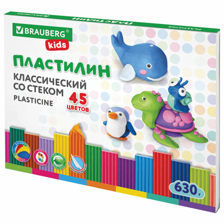 Пластилин классический BRAUBERG KIDS, 45 цветов, 630 г, стек, ВЫСШЕЕ КАЧЕСТВО, 106680 - Пластилин