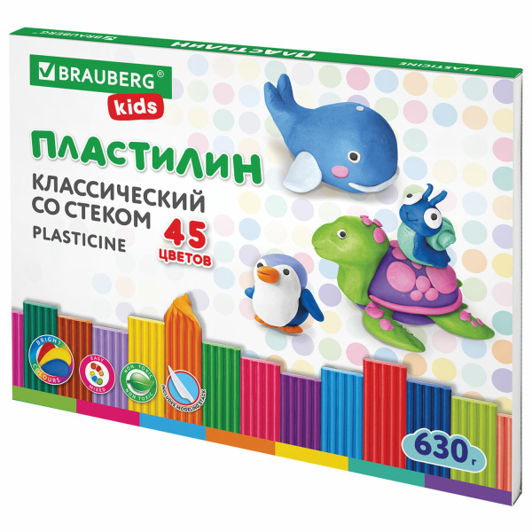 Пластилин классический BRAUBERG KIDS, 45 цветов, 630 г, стек, ВЫСШЕЕ КАЧЕСТВО, 106680 - Пластилин
