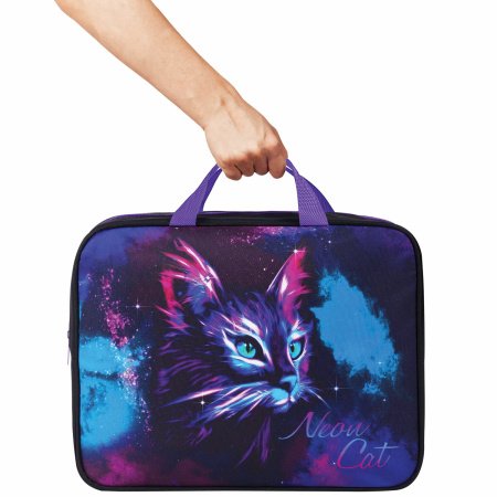 Папка на молнии с ручками BRAUBERG А4, 1 отделение, полиэстер, 80 мм, "Neon cat", 271482 - Папки-сумки с ручками