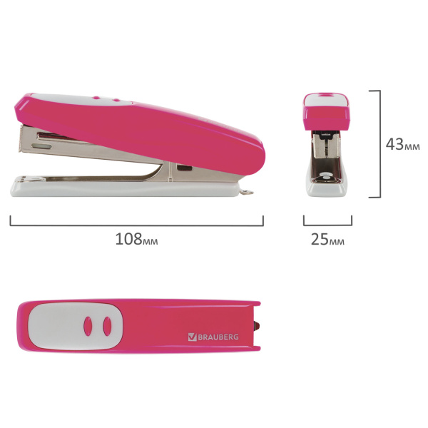 Степлер №10 BRAUBERG "Germanium", до 12 листов, с антистеплером, розовый, ГАРАНТИЯ 5 ЛЕТ, 226567 - Степлеры настольные