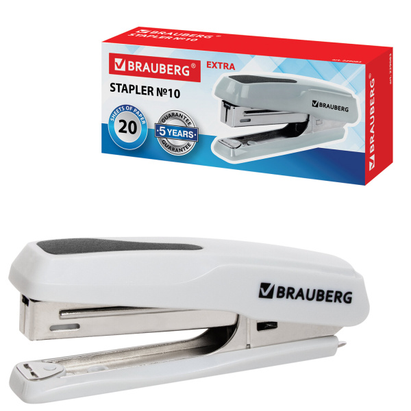 Степлер №10 BRAUBERG "Extra", до 20 листов, антистеплер, серый, 229083 - Степлеры настольные