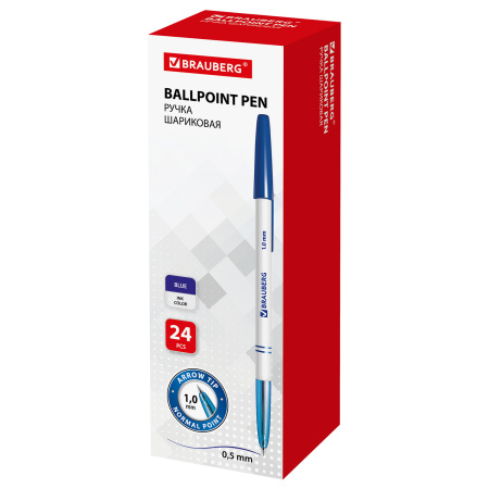 Ручка шариковая BRAUBERG "Офисная", СИНЯЯ, корпус белый, узел 1 мм, линия письма 0,5 мм, 140662 - Ручки шариковые неавтоматические